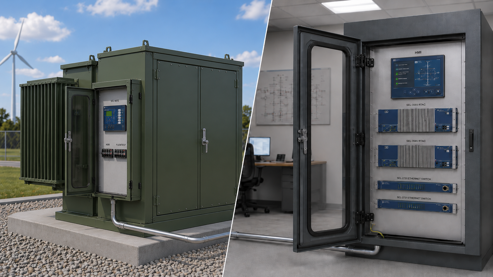 Integrated Transformer FLISR System: outdoor transformer enclosure with SEL-487E relay and an indoor controls cabinet housing SEL-3555 RTACs, Ethernet switches, and HMI